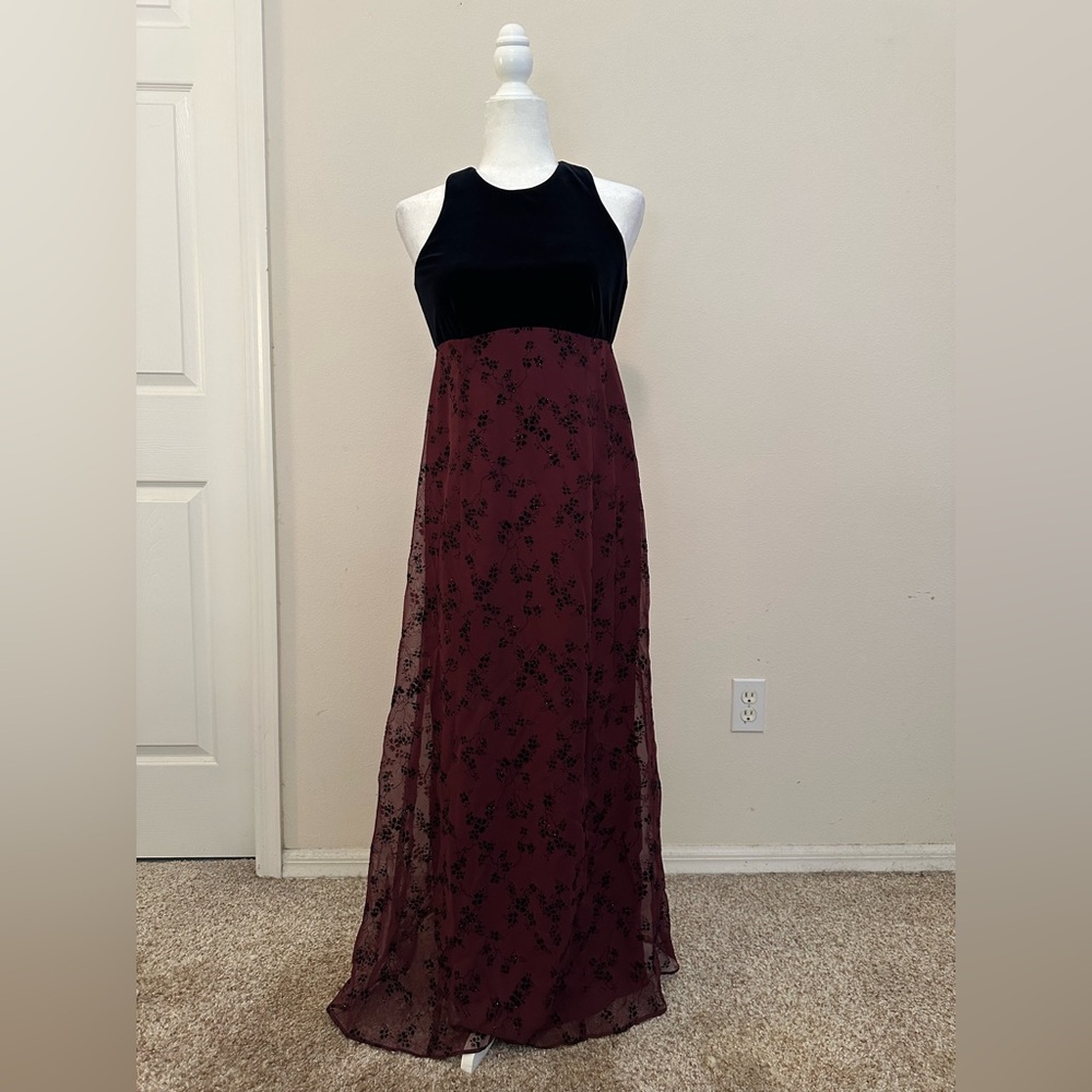 Vtg Michaelangelo Red & Black Velvet Empire Waist Maxi Dress Sz 8 Whimsigoth Y2K
